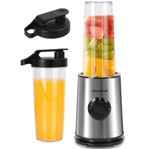 Aigostar Smoothie Maker, Mini Standmixer, 600W, 2 x 800ml Becher mit Reisedeckel, 2 Geschwindigkeitsstufen + Impulsfunktion, Ice-Crush-Funktionmit,Tritan-Kunststoff Flasche, BPA-frei. Baron