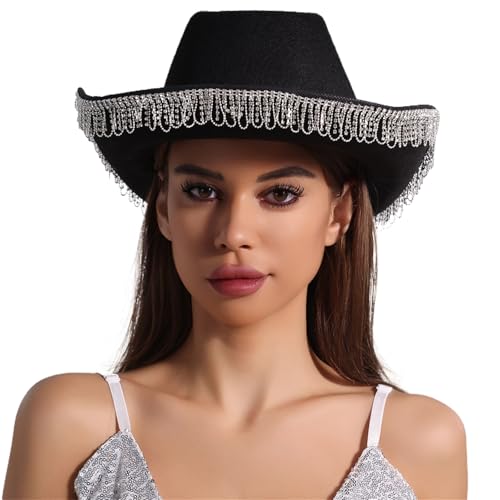 Meiliyizu Westernhut für Damen, Cosplay, Rollkrempe, Hut, Fransen, Strass, Hut, Junggesellinnenabschied, Kopfbedeckung, Zubehör