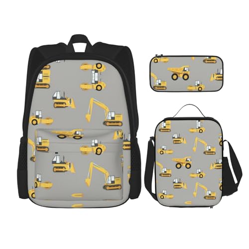 WURTON Rucksack mit Bauwagen-Druck, 3-in-1-Büchertaschen-Set, Lunchbox, Federmäppchen, Reise-Laptop-Tagesrucksäcke