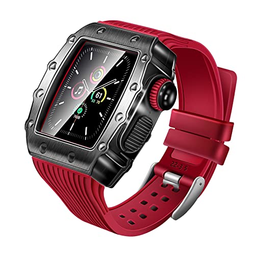 TONECY Luxuriöses Metallgehäuse für Apple Watch Serie 8, 41 mm, 45 mm, Gummi-Gürtelarmband, Modifikationsset für iWatch 8, 7, 6, 5, 4, SE, 40 mm, 44 mm (Farbe: Rot, Größe: 45 mm)