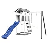 AXI Beach Tower Spielturm aus Holz in Weiß & Grau | Spielhaus für Kinder mit Blauer Rutsche, Schaukel und Sandkasten | Stelzenhaus für den Garten