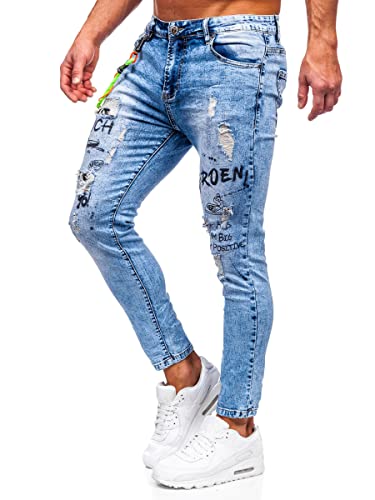 BOLF Herren Jeanshose Jeans Used Look Jeanspants Destroyed Denim Style Slim Fit Narrow Leg Freizeit Casual Style TF150 Blau S [6F6]