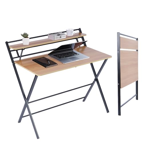 Nisorpa Klapptisch 100 x 50 cm, Computertisch Keine Montage Große Größe Erforderlich, Computer Schreibtisch Stehpult mit 2-Tier Regal Laptop Klapptisch Bürotisch für Home Office, Braun