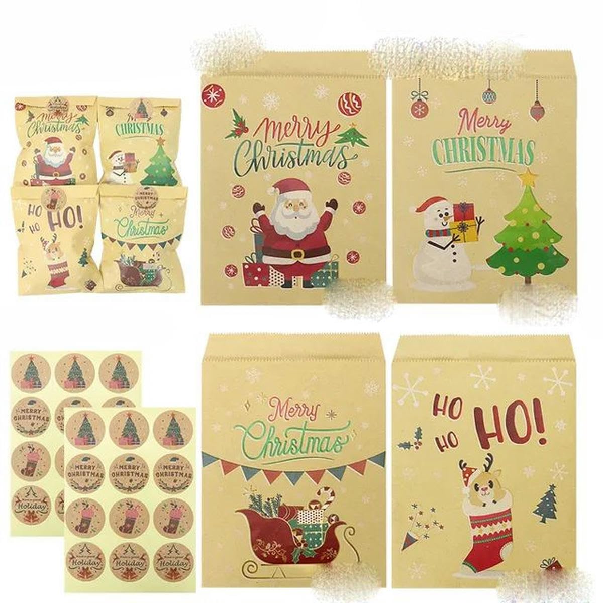 24 x Weihnachts-Kraftpapiertüten, Weihnachtsmann, Schneemann, Weihnachtsfeier, Gastgeschenke, Weihnachten, Süßigkeiten, Kekse, Geschenkbeutel, Verpackung, Zubehör, 24 Sets, Weihnachtsfarbe, 3–24 Sets