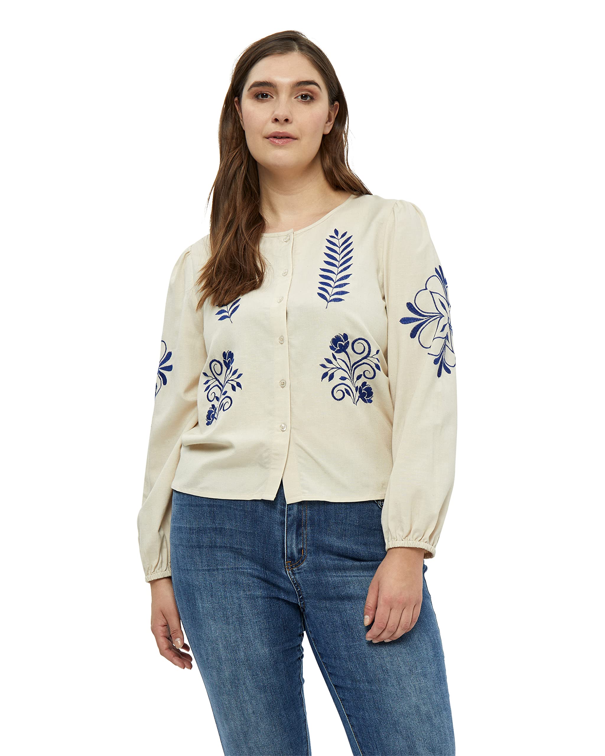 Peppercorn Damen Nanna Long Sleeve Embroidery Blouse Curve Langärmelige Bluse mit Stickerei, 0265 Sandshell, 50