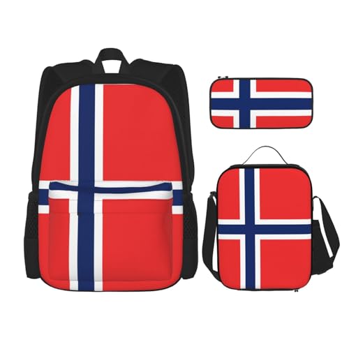 WURTON Rucksack mit norwegischer Flagge, 3-in-1, Büchertaschen-Set, Lunchbox, Federmäppchen, Reise-Laptop-Tagesrucksäcke, Schwarz, Einheitsgröße