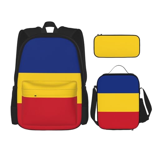 WURTON Trendige Rucksacktaschen und Federmäppchen, 3-in-1-Rucksack-Set, Motiv: Flagge von Rumänien, verstellbarer Rucksack, Schwarz , Einheitsgröße