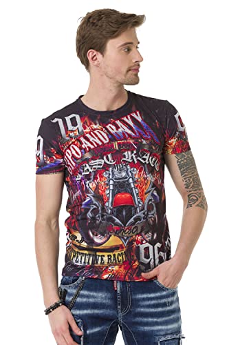 Cipo & Baxx Herren T-Shirt Freizeit Kurzarm Print Ausgefallen Rundhals Alloverprint Shirt CT680 Schwarz M