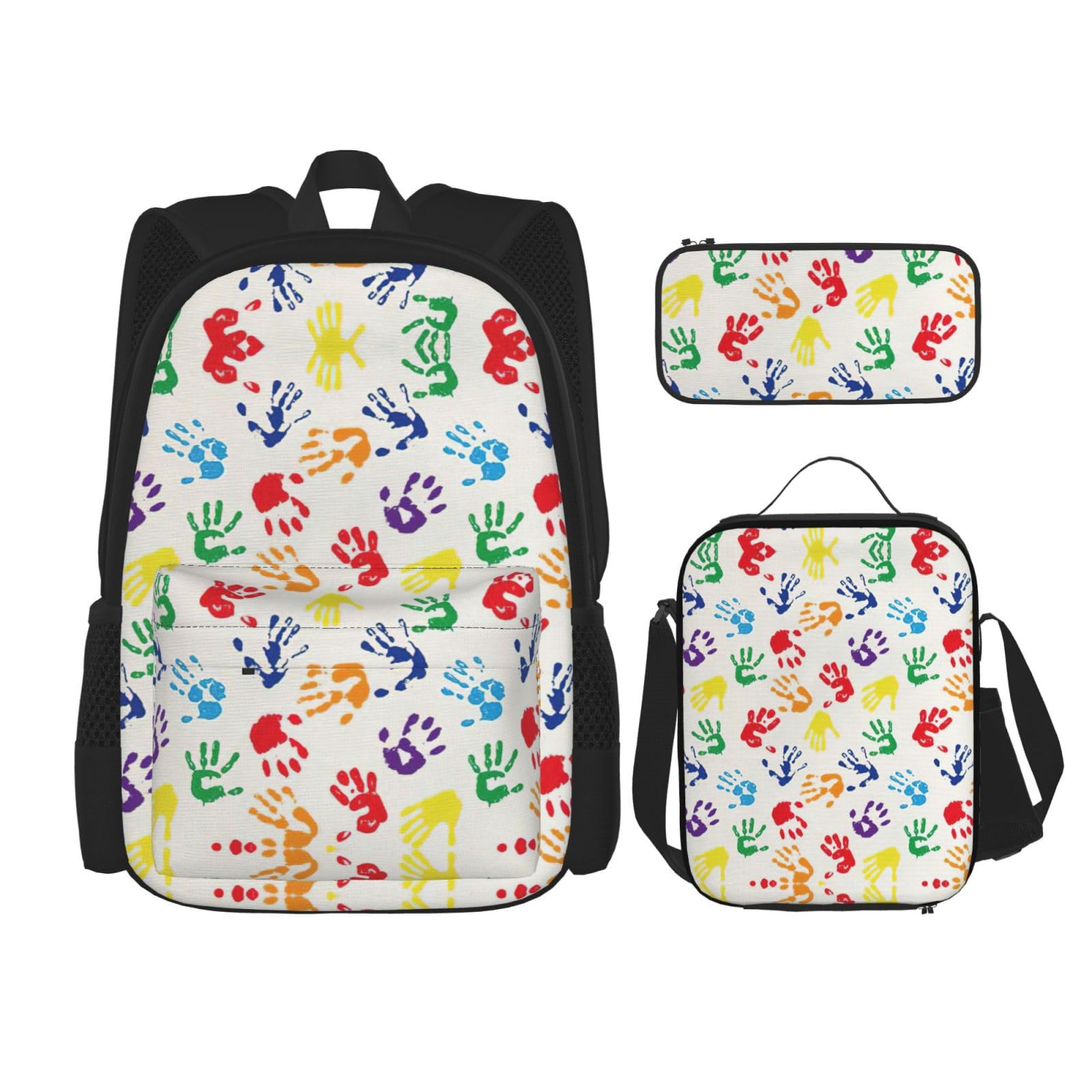 WURTON Bunte Handformen Regenbogen Druck Schule Rucksack 3 In 1 Büchertasche Set Mit Lunchbox Bleistift Fall Reise Laptop Daypacks