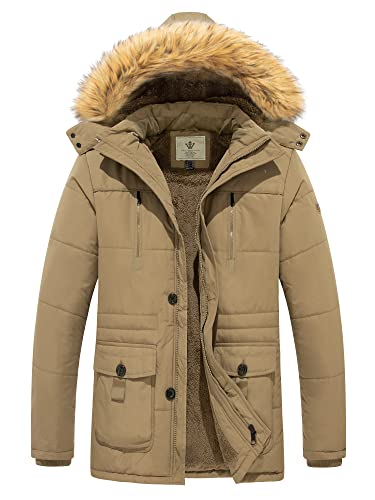 WenVen Herren Baumwolle Abschnitt Jacke Gefüttert Kapuze Jacke Mode Lang Parka Fleece Futter Jacke Kahki M