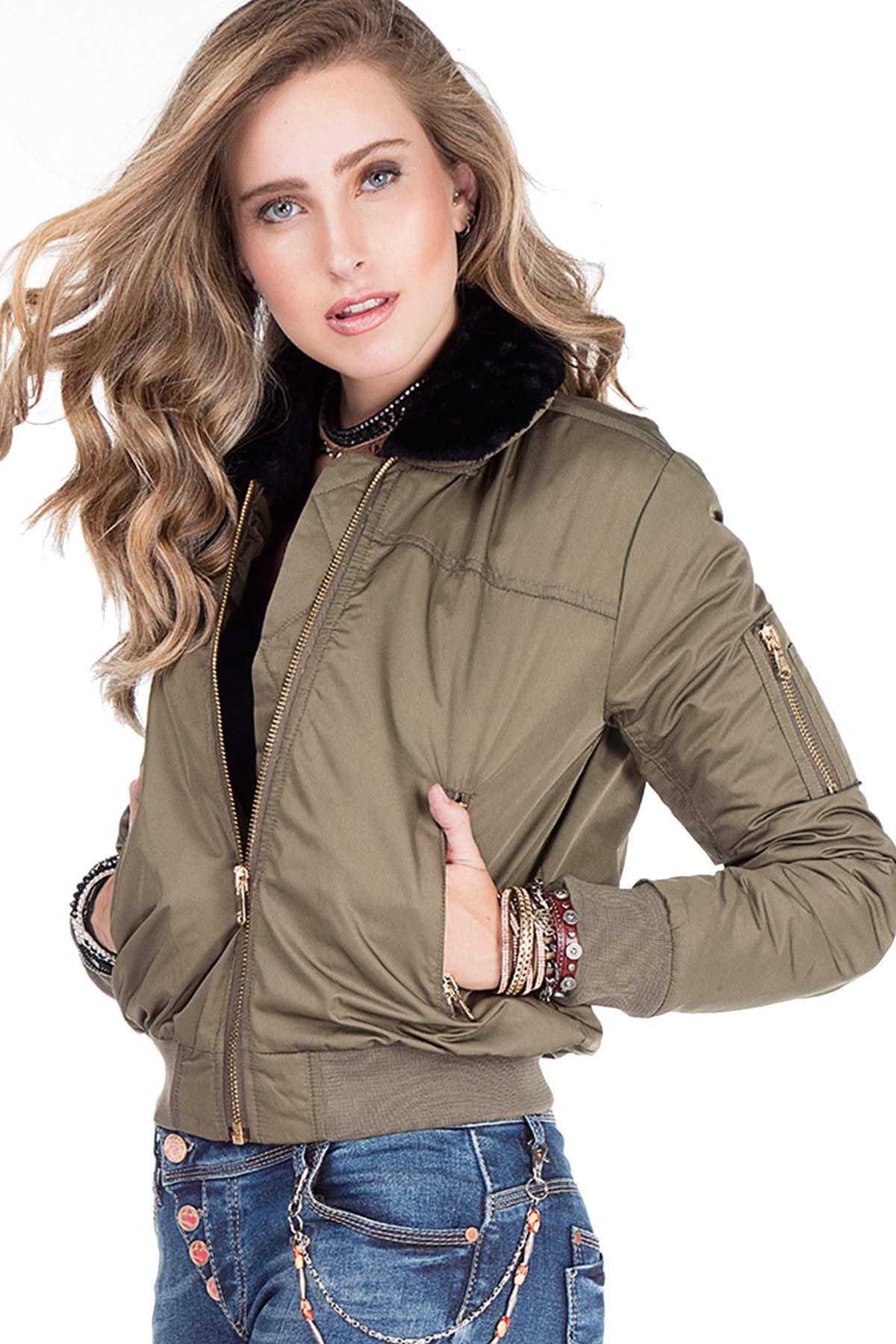 Cipo & Baxx Damen Outdoorjacke Bomberjacke Übergangsjacke Bikerjacke mit Pelzkragen Khaki M