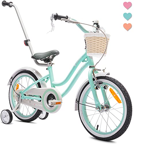 Sun Baby Mädchenfahrrad Heart Bike | 12/14/16 Zoll Radgröße zur Auswahl | mit Abnehmbarer Schubstange | Kinderfahrrad Kinderrad für Mädchen von 2 bis 6 Jahre | verstellbare Höhe | Rosa/Türkis