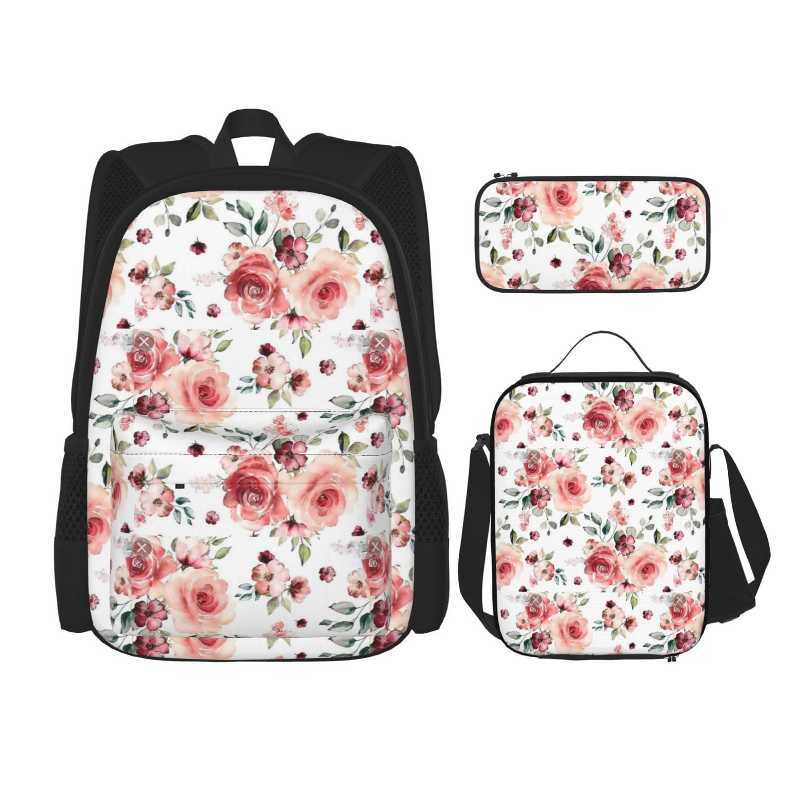 WURTON 3-in-1-Set mit blühenden Rosen und Blumen, lässiger verstellbarer Schulter-Rucksack, Lunch-Tasche, Federmäppchen, Beutel, Schwarz, Einheitsgröße