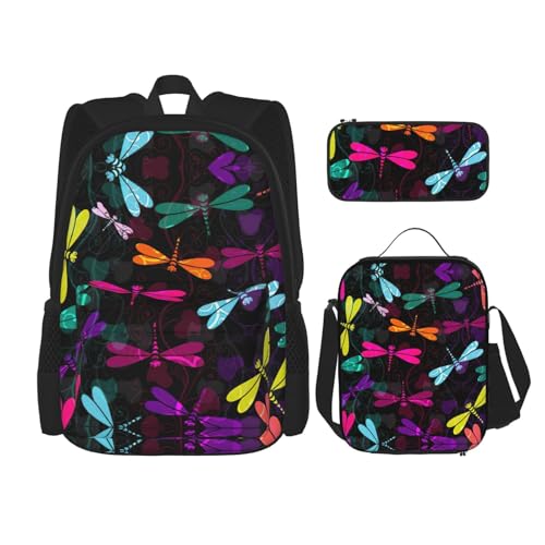 WURTON Süßes Libellen-Druck-Rucksack-Set, Schul-Büchertasche mit Lunch-Tasche, Federmäppchen, Kombination, Schultaschen-Set