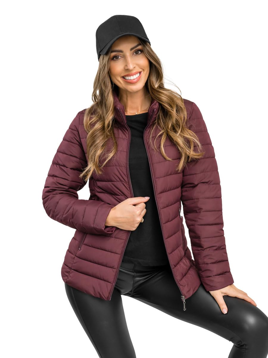 BOLF Damen Übergangsjacke Steppjacke Stehkragen Daunenjacke Reißverschluss Sportjacke Zip Wärme Freizeit Sport Basic Outdoor Casual Style 16M9109 Weinrot S [D4D]