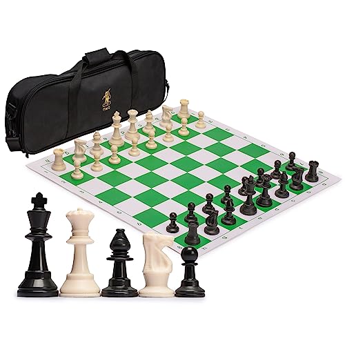 Yellow Mountain Imports Regulation Tournament Roll-Up Staunton Chess Set (19.75-Inch) with Travel Bag, 2 Extra Queens, and Weighted Chessmen - Green