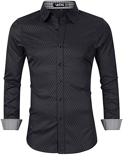 Vecys Herrenhemd aus Bambusfaser Bügelleichtes Slim Fit Hemd Business Casual Hemd Herrenhemd mit Langen Ärmeln und Schmaler Passform Stretch-Anti-Falten Hemd(Schwarz,S)