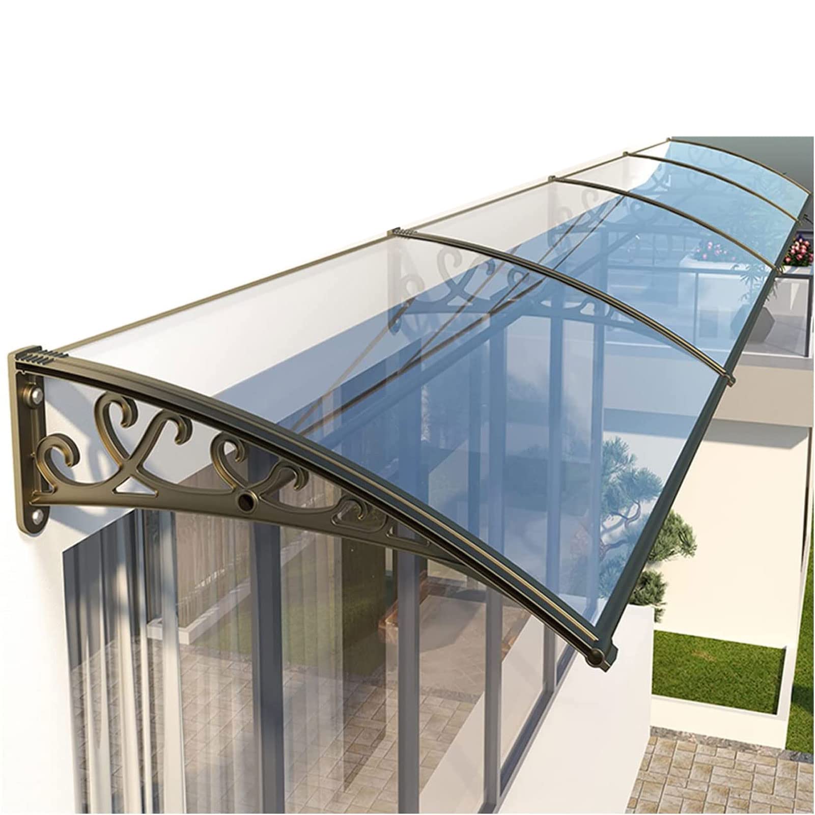 Markisenüberdachung für Terrassentüren und -Fenster, Polycarbonat-Abdeckung, Sonnenschutz, UV-Schutz, mit champagnerfarbener Halterung aus Aluminiumlegierung, Fenster, große Spülbeckentür-Üb