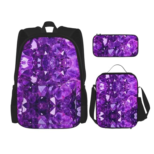 WURTON Pink Crystal Diamond Print Schulrucksack 3 in 1 Büchertasche Set mit Lunchbox Federmäppchen Reise Laptop Daypacks