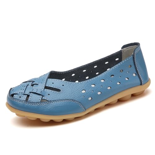 Orthopädische Loafer aus atmungsaktivem Leder, Damen-Slipper aus Rindsleder, flache Sandalen, leger, runder Zehenbereich, Mokassins, flache Schuhe, blau, 39.