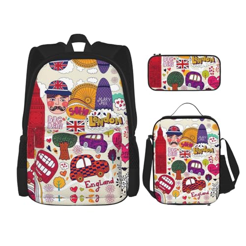 WURTON Schulzeitung in englischer Sprache, verstellbare Schultergurte, Rucksack-Set, Lunchtasche, Federmäppchen, Kombinationstaschen-Set