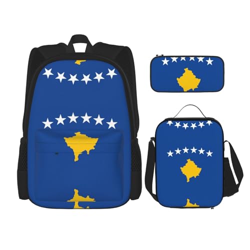 WURTON Schulrucksack, Motiv: Flagge des Kosovo, 3-in-1, Büchertaschen-Set mit Lunchbox, Federmäppchen, Reise-Laptop, Tagesrucksäcke