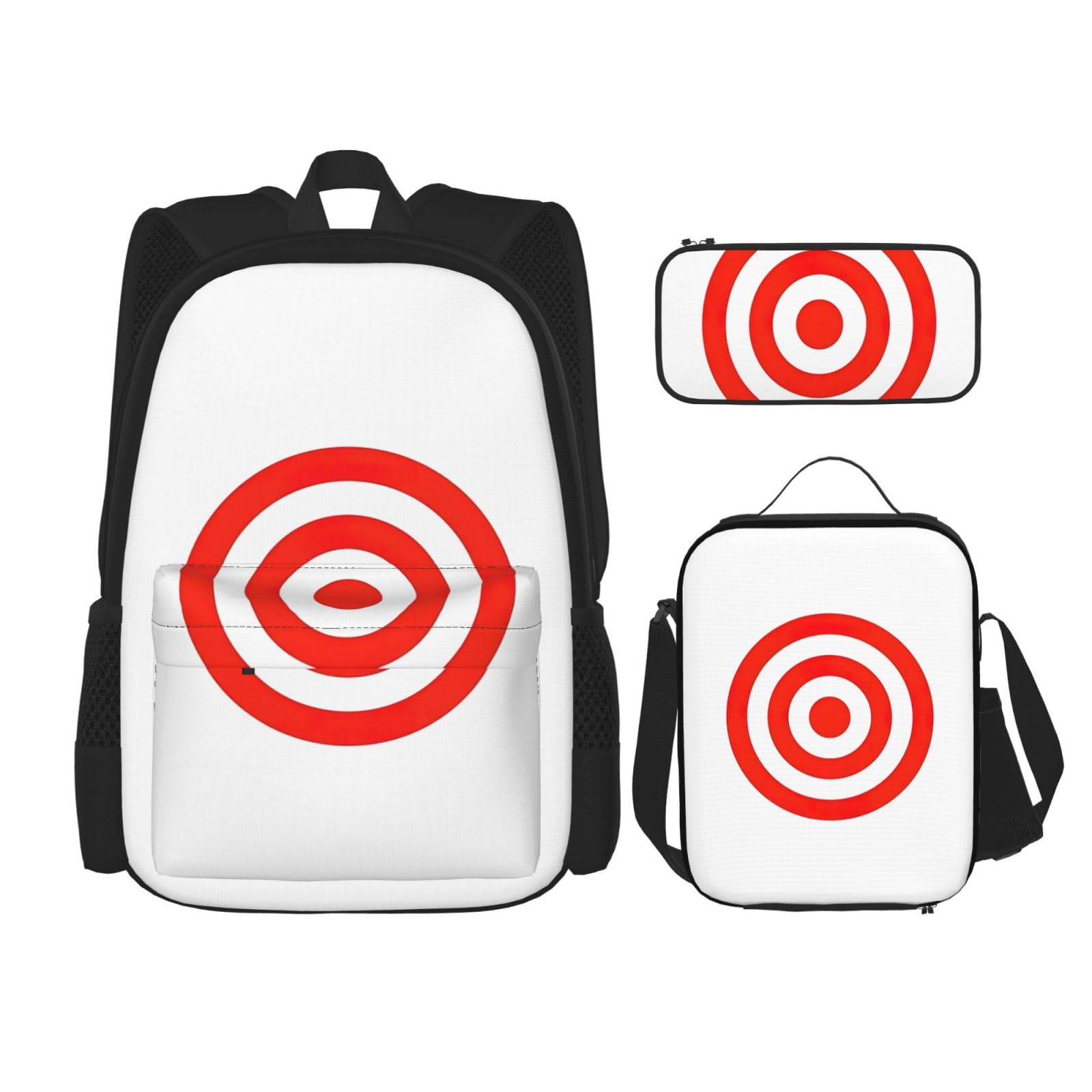 WURTON Design Target Print 3-in-1 Büchertaschen-Set, verstellbarer Schulter-Rucksack, Lunch-Tasche, Federmäppchen, Beutelbox, Schwarz, Einheitsgröße