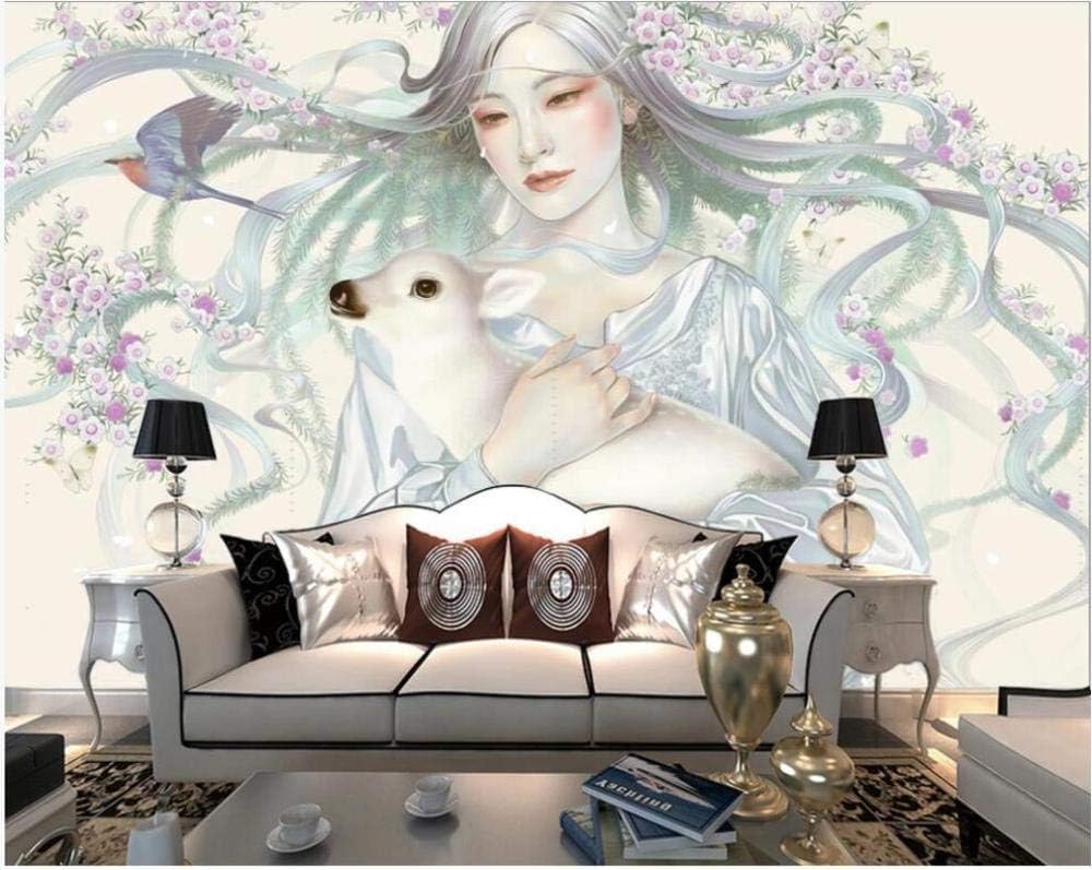 Frau Rehkitz Vogel Lila Blume 3D Tapete Poster Restaurant Schlafzimmer Wohnzimmer Sofa TV Dekorative Wand-150cm×105cm