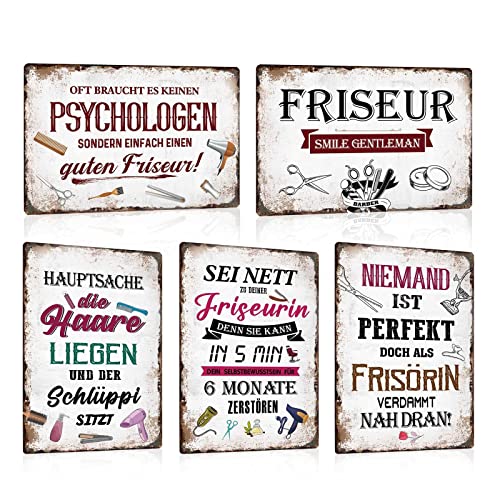 5er Set Vintage Blechschild Friseur Lustig Sprüche - Retro Metallschild Barber Shop mit Witziger Spruch - Shaaby Chic Friseursalon Schild Wandschild Wanddekoration Geschenk 20x30cm