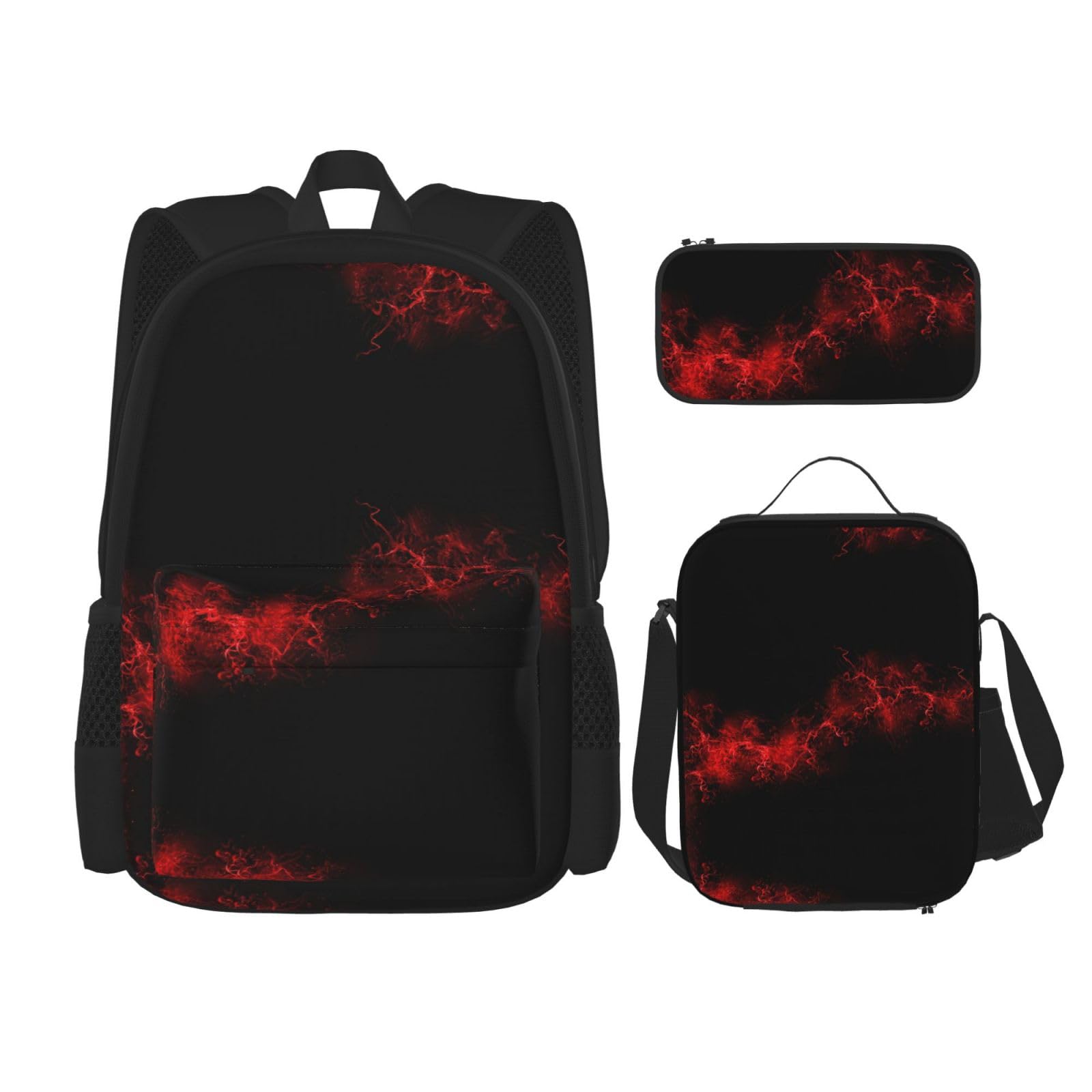 WURTON Explosion Burst 3-in-1 Büchertaschen-Set, verstellbarer Schulter-Rucksack, Lunch-Tasche, Federmäppchen, Tasche, Box, Schwarz, Einheitsgröße