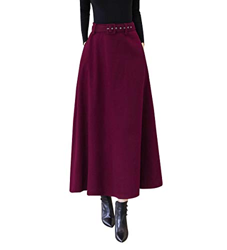 Damen Rock Lang Winterrock Wollrock Warm Hohe Taille Elegante Vintage Rock Casual A-Linie Maxi Rock Faltenrock (L, Rotwein)