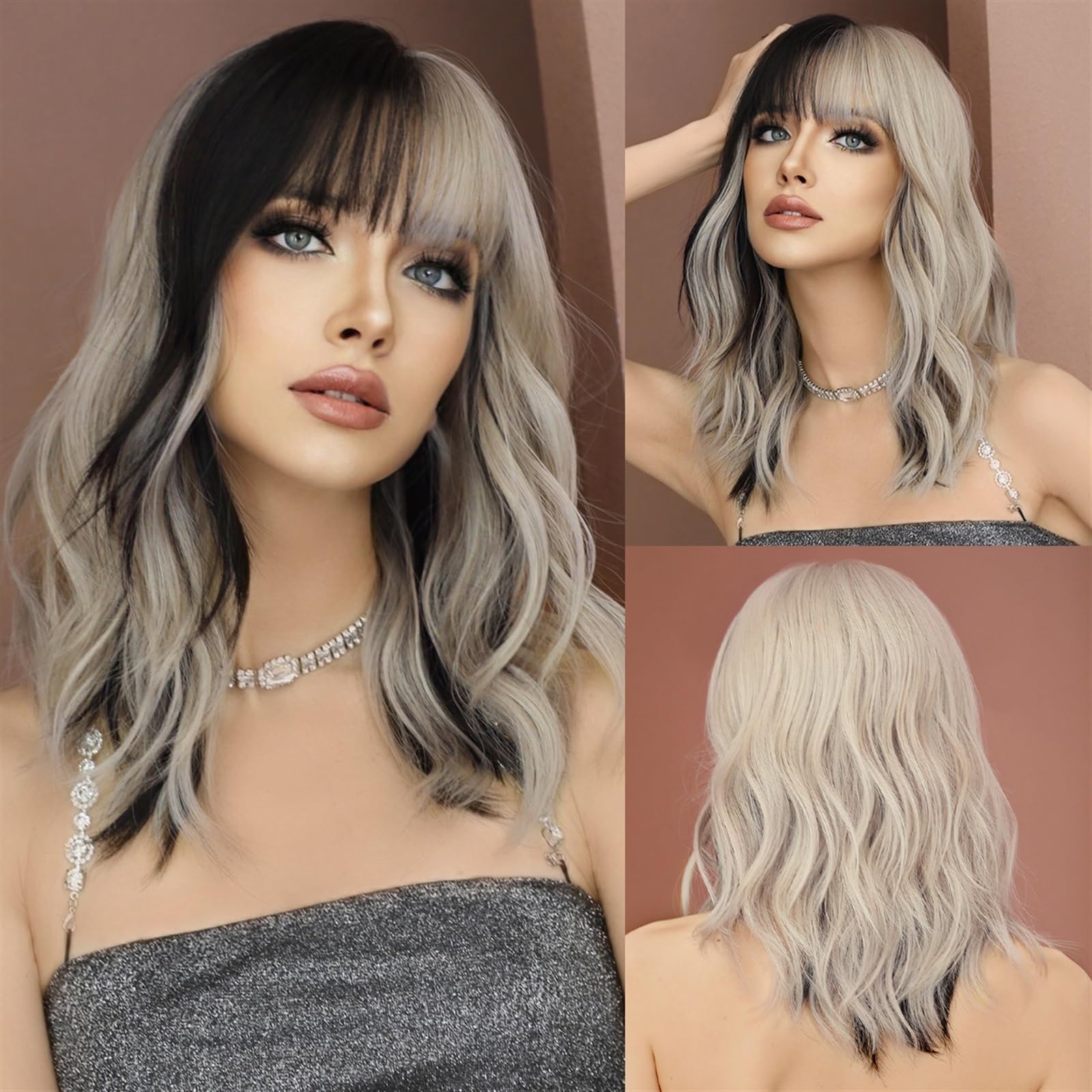 Perücken für Frauen Langer Körper, gewelltes silbernes Eschenhaar, Perücke mit Pony, for Damen, tägliche Party, hochdichtes Haar, Ombré-Perücken, hitzebeständige Faser für den täglichen Gebrauch(MW615