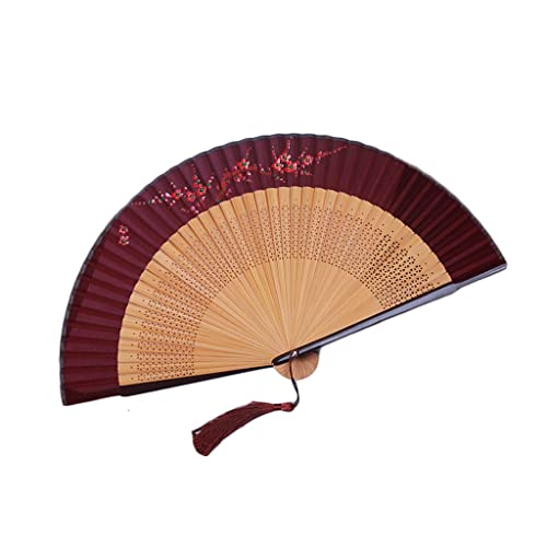 VSULZVNU Handfächer aus Bambusseide, faltbar, Malerei, chinesisch/japanisch, charmant, elegant, Vintage-Retro-Stil, Geschenke (Farbe: Dunkelgrün) (Rosa), Weinrot