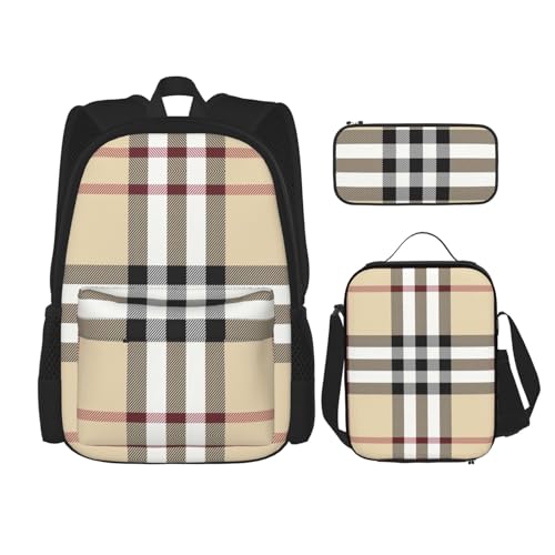 WURTON 3-in-1 Büchertaschen-Set, verstellbarer Schulter-Rucksack, Lunch-Tasche, Federmäppchen, Tasche, Grau, Schwarz, Einheitsgröße