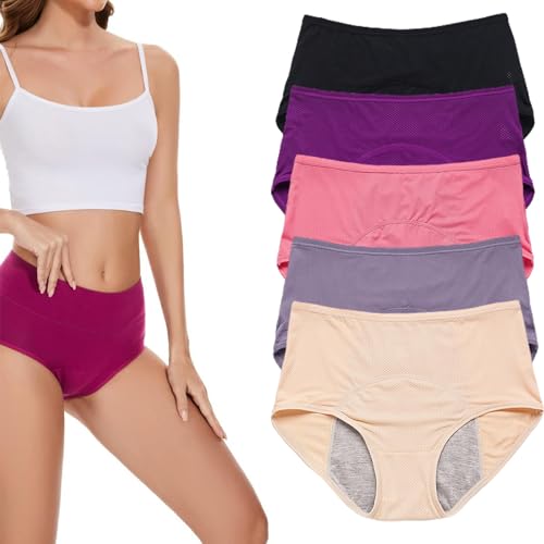 Inkontinenz Unterwäsche Damen Perioden Unterwäsche Damen Baumwolle Period Underwear Menstruations Auslaufsicher Unterhosen 5er Pack (B XL)