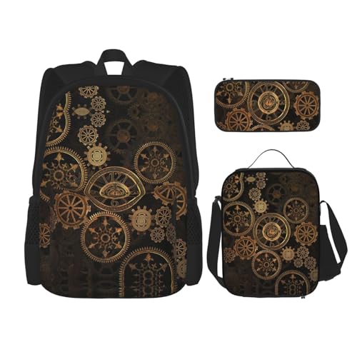 WURTON Gears Clock 3-in-1 Büchertaschen-Set, verstellbar, Schulter-Rucksack, Lunchtasche, Federmäppchen, Tasche, Schwarz, Einheitsgröße