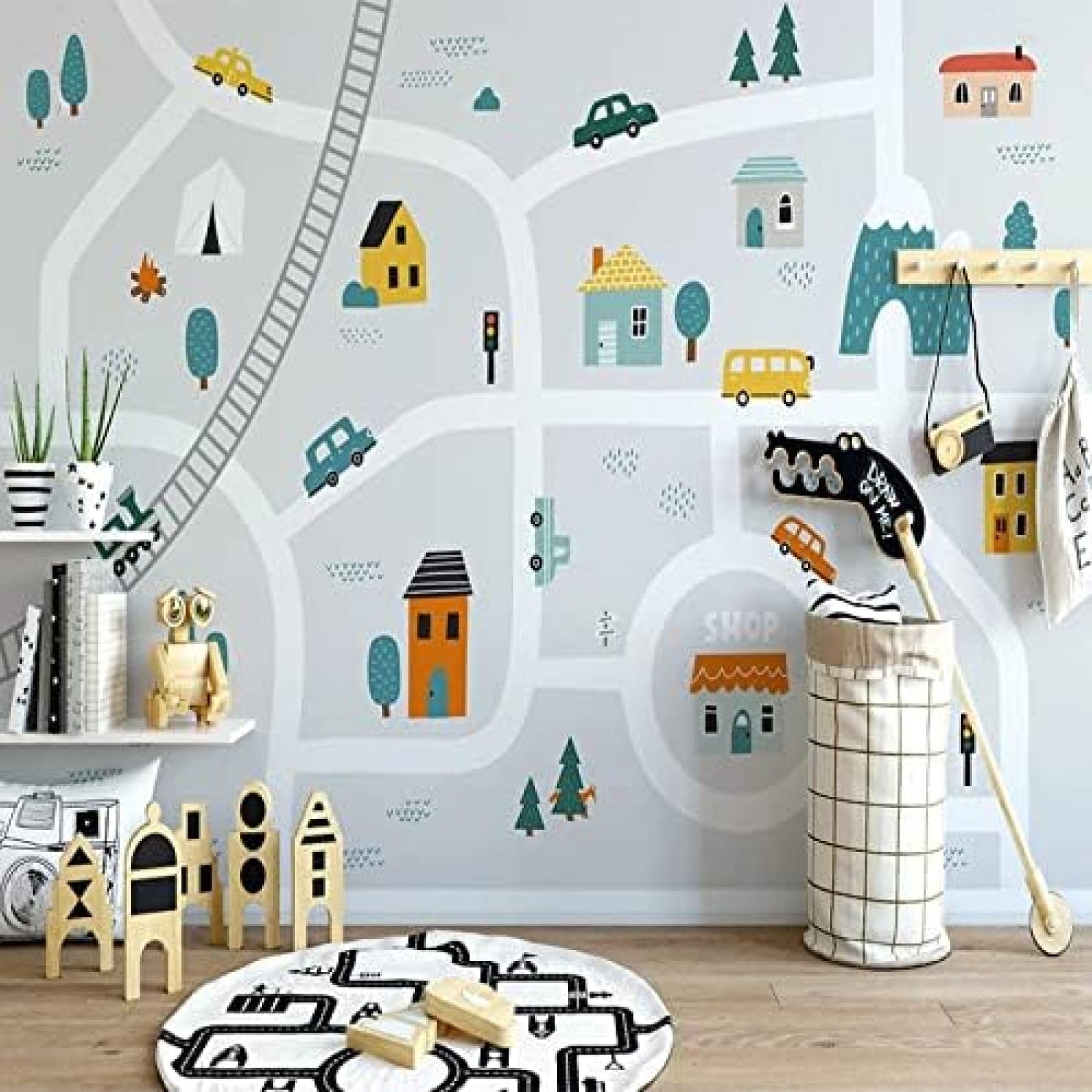 XLMING Hand Gezeichnet Cartoon Haus Baum Straße Auto 3D Tapete Wohnzimmer Sofa Schlafzimmer Esszimmer Home Dekoration Wand-150cm×105cm