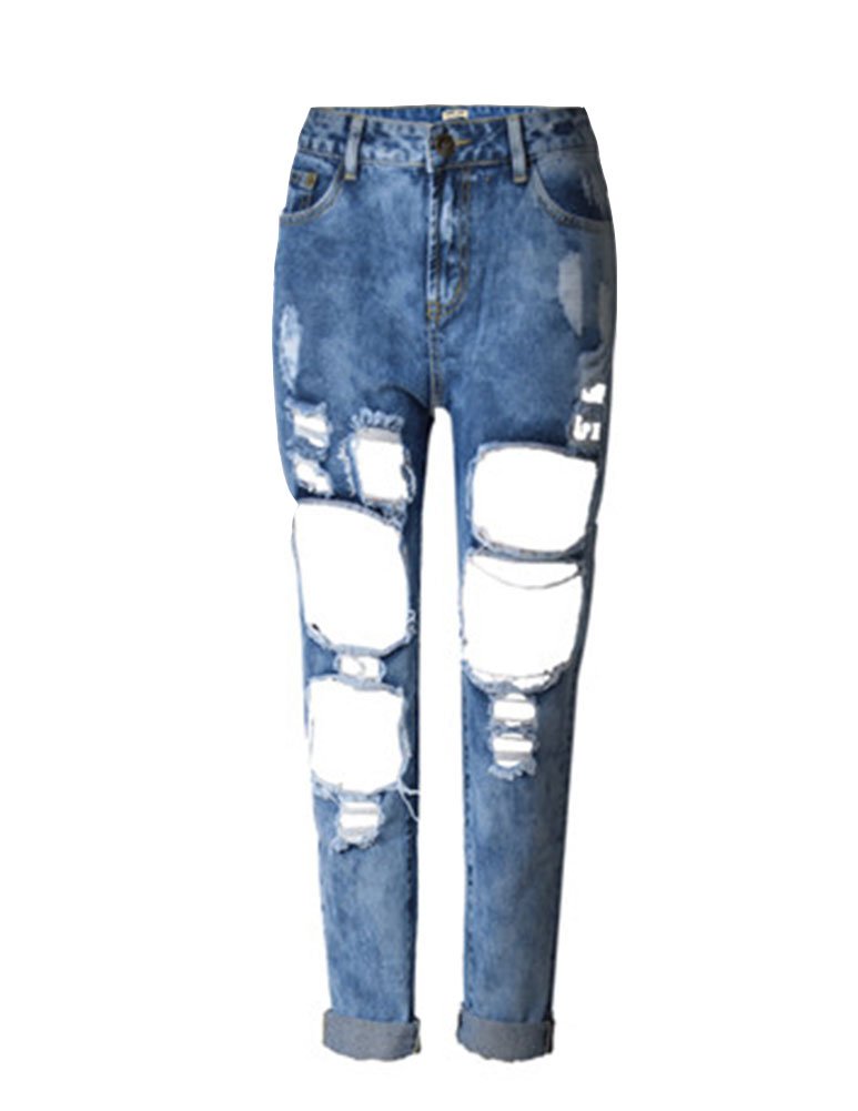 Gladiolus Damen Gerissen Jeans Hohe Taille Loch Modern Lässige Denim Hosen Jeanshose Gerade Geschnittene Jeans Blumen Blau 34EU