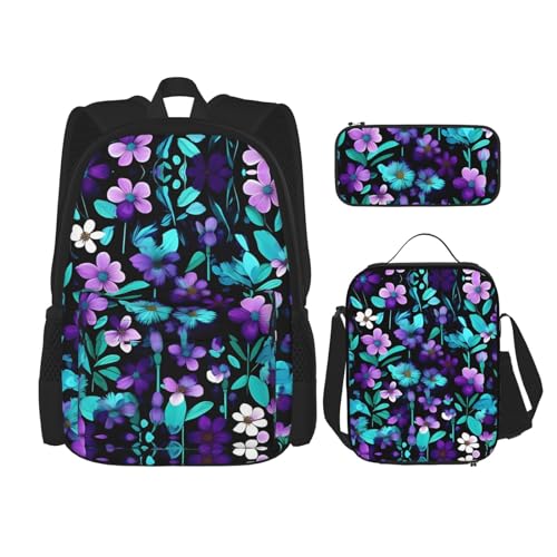 YQxwJL 3-in-1-Rucksack-Büchertaschen-Set, Violett/Schwarz, Gothic-Druck, lässiger Reiserucksack, mit Federmäppchen, Lunchtasche, Lila und Blaugrün, Einheitsgröße