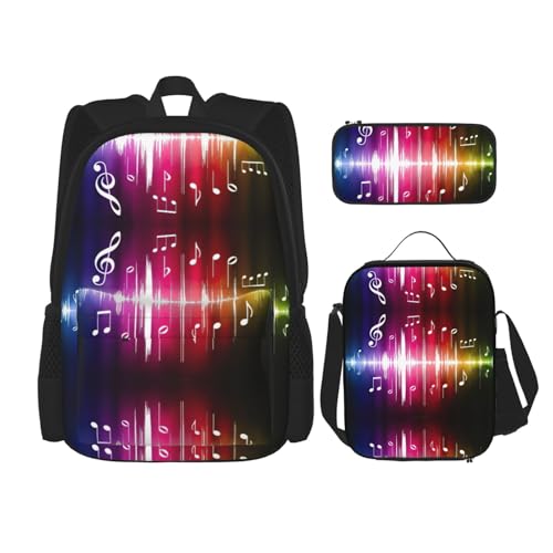 WURTON Rucksack mit Musikdruck, 3-in-1, Büchertaschen-Set, Lunchbox, Federmäppchen, Reise-Laptop, Tagesrucksäcke, Schwarz, Einheitsgröße