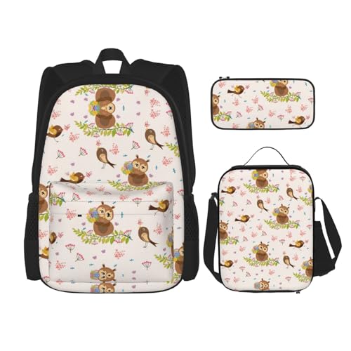 WURTON Rucksack mit niedlichem Eulen-Druck, 3-in-1, Büchertaschen-Set, Lunchbox, Federmäppchen, Reise-Laptop-Tagesrucksäcke, Schwarz, Einheitsgröße