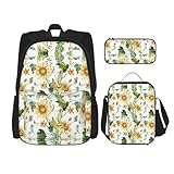 WURTON Trendige Rucksacktaschen mit Sonnenblumen- und Mais-Aufdruck, Lunchbox und Federmäppchen, 3-in-1, verstellbares Rucksack-Set, Schwarz , Einheitsgröße