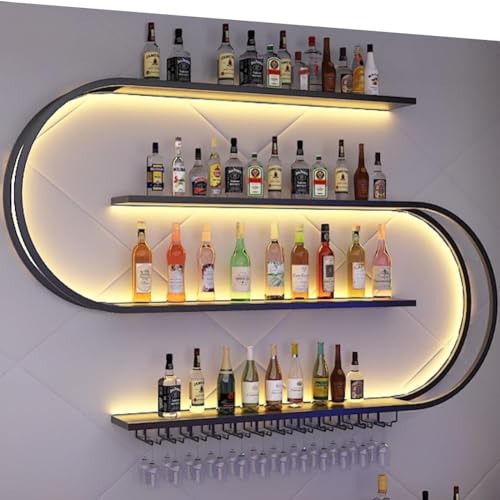 BFVAKBKYT Hängende industrielle runde Weinregale, An der Wand montiertes Weinregal mit LED-Licht, hängendes Weinregal aus industriellem Metall mit Weinglas for Küche, Bar, Café(Warm Light)