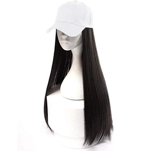 LINLINCD-Hairpieces White Baseball Cap mit langen, bräunlich-schwarzen, geraden Perücken, 2 in 1 langen, geraden Haarkappenhut, weibliche, natürlich aussehende Perücken