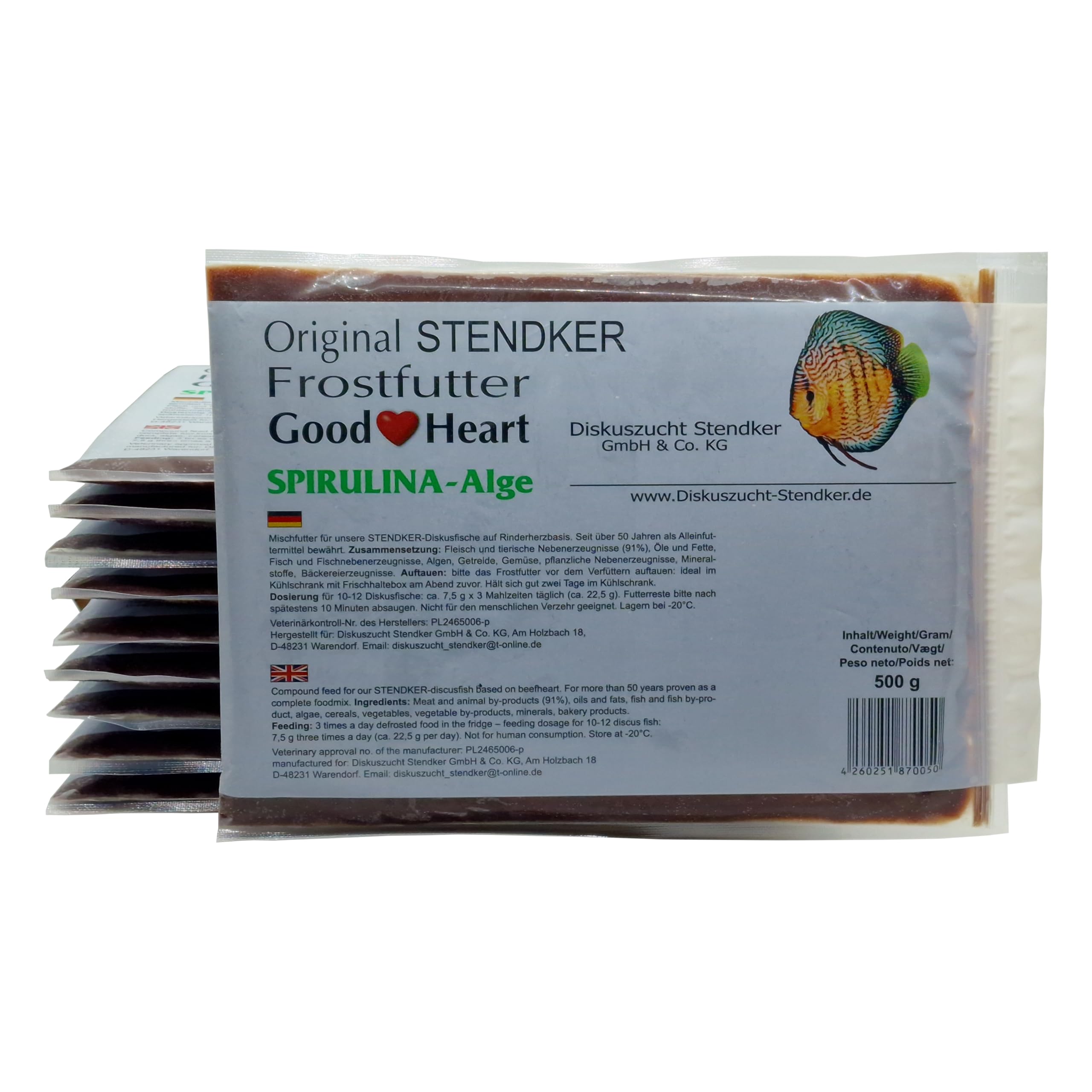 Stendker Frostfutter Sparpaket 10 x GoodHeart SPIRULINA Diskus Frost Futter Diskusfutter/Rinderherz 500g Flachtafel