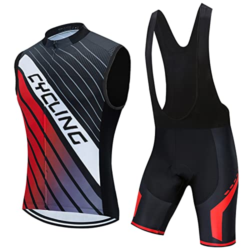 Radtrikot Herren Fahrradbekleidung Sommer|Radsportanzug Ärmellos Set Fahrradweste Anzug|Radweste Männer,Atmungsaktiv MTB Fahrradtrikot Sleeveless Oberteil und Radhose mit 19D Gel Sitzpolster(1,L)