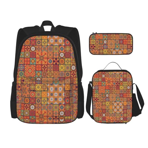 WURTON 3-in-1 Büchertaschen-Set mit marokkanischem geometrischem Druck, verstellbarer Schulter-Rucksack, Lunch-Tasche, Federmäppchen, Beutelbox, Schwarz, Einheitsgröße