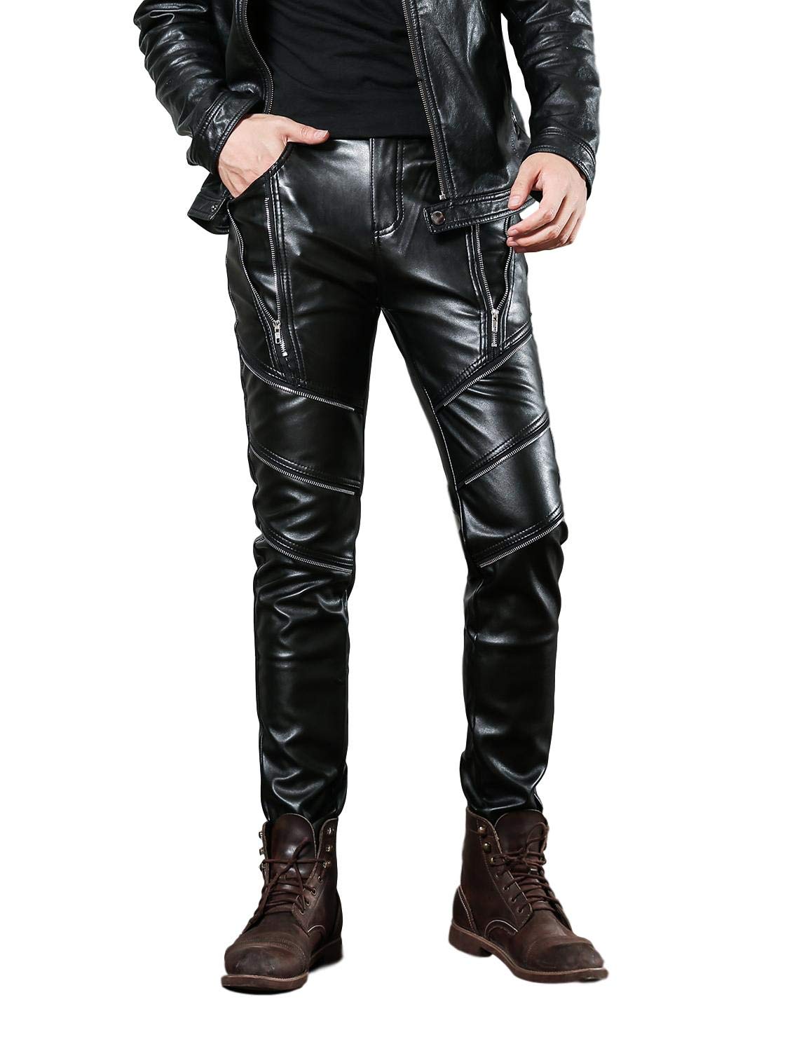 Idopy Herren Slim Fit Soft PU Faux Leder Biker Hose Trachtenlederhose Trachtenlederhose Lederhosen, 30W, Schwarz