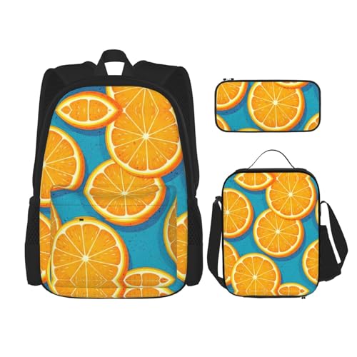 WURTON 3-in-1-Set mit frischem orangefarbenem Obstdruck, lässig, verstellbarer Schulter-Rucksack, Lunch-Tasche, Federmäppchen, Beutel, Schwarz, Einheitsgröße