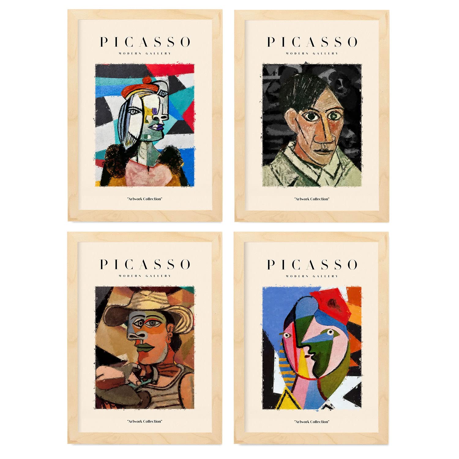 Nacnic Set mit 4 Illustrationen von Picasso, Identifikationskollektion, bunte Illustrationen im Kunstgalerie-Stil, Innendekoration, A4, mit holzfarbenem Rahmen.